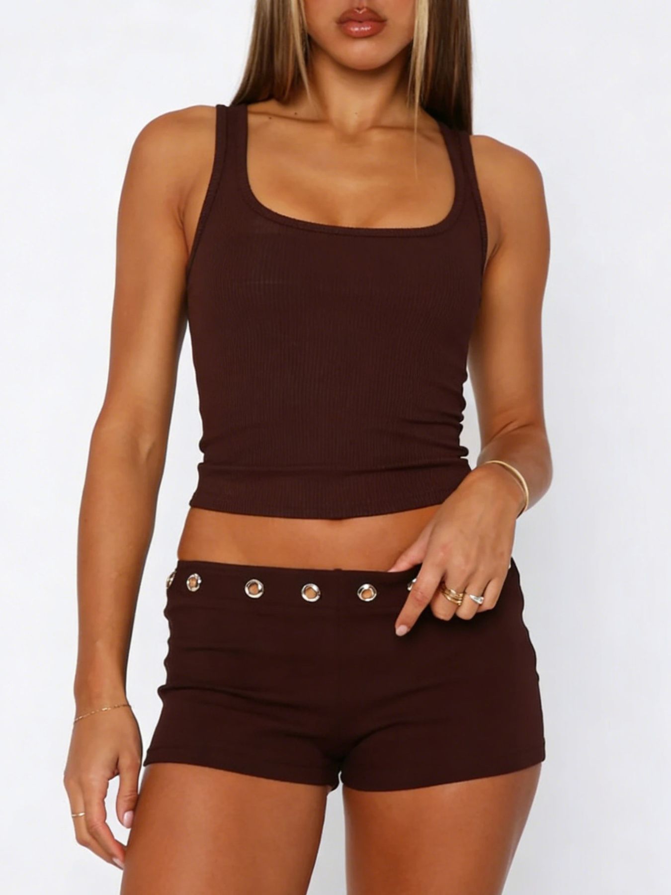 Brown ribbed tank top and shorts set with eyelet detail on shorts