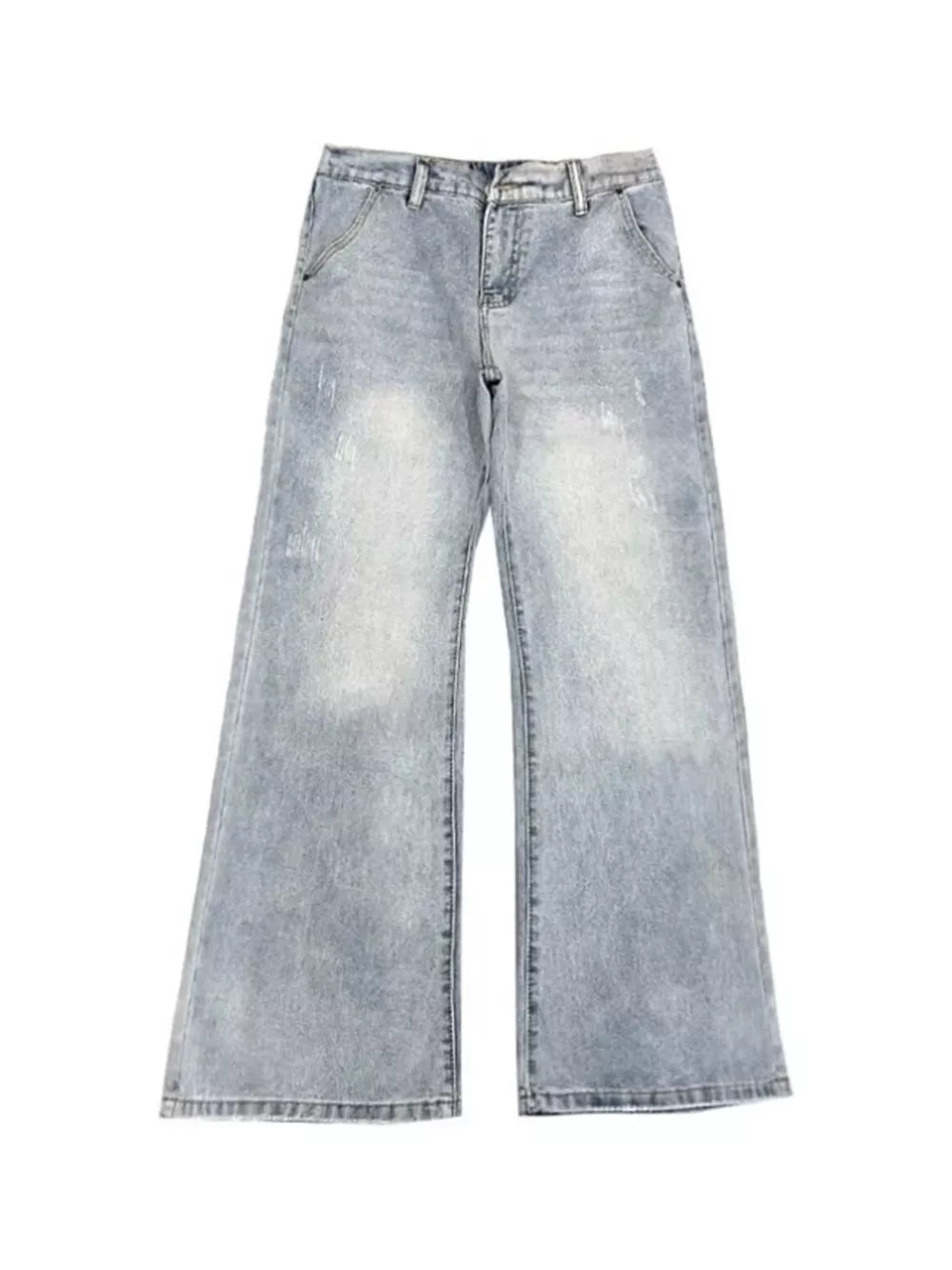 Men's light blue distressed full-length flare jeans with cotton blend fabric.