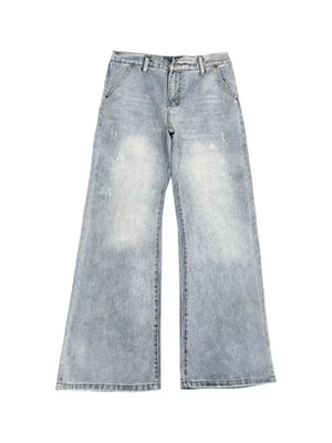 Men's light blue distressed full-length flare jeans with cotton blend fabric.