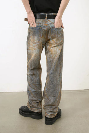 Relaxed fit acid wash denim jeans in medium blue with a distressed look.