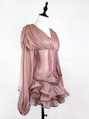 Pink ruffled mini dress with corset waist and draped detail