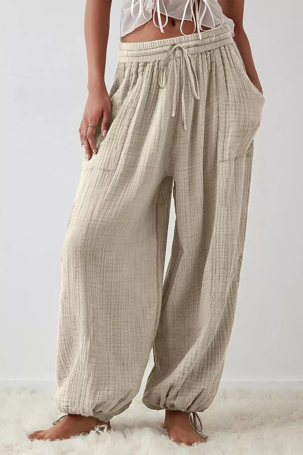 Loose Fit Gauze Pants With Drawstring Waist in Khaki, front view
