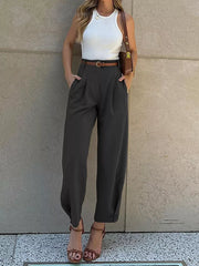 High-waisted Pleated Pants in Brown, model styling view