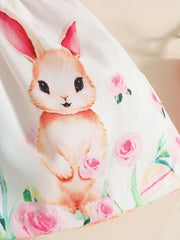 Baby dress with bunny and pink rose print, ruffled hem detail