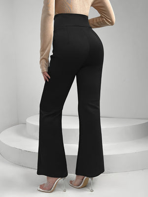 Black flare trousers with lace-up waist detail and high rise.