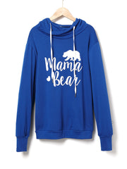 Royal blue cowl neck hoodie with white Mama Bear graphic and drawstring.