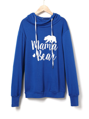 Royal blue cowl neck hoodie with white Mama Bear graphic and drawstring.