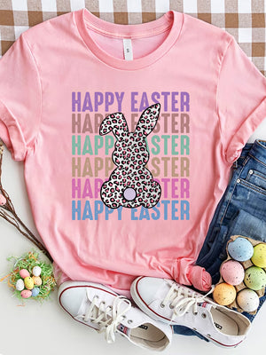 Dusty Pink graphic tee with leopard Easter bunny and colorful text.