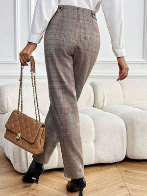 High-waisted taupe plaid trousers with pleat detail and button closure.