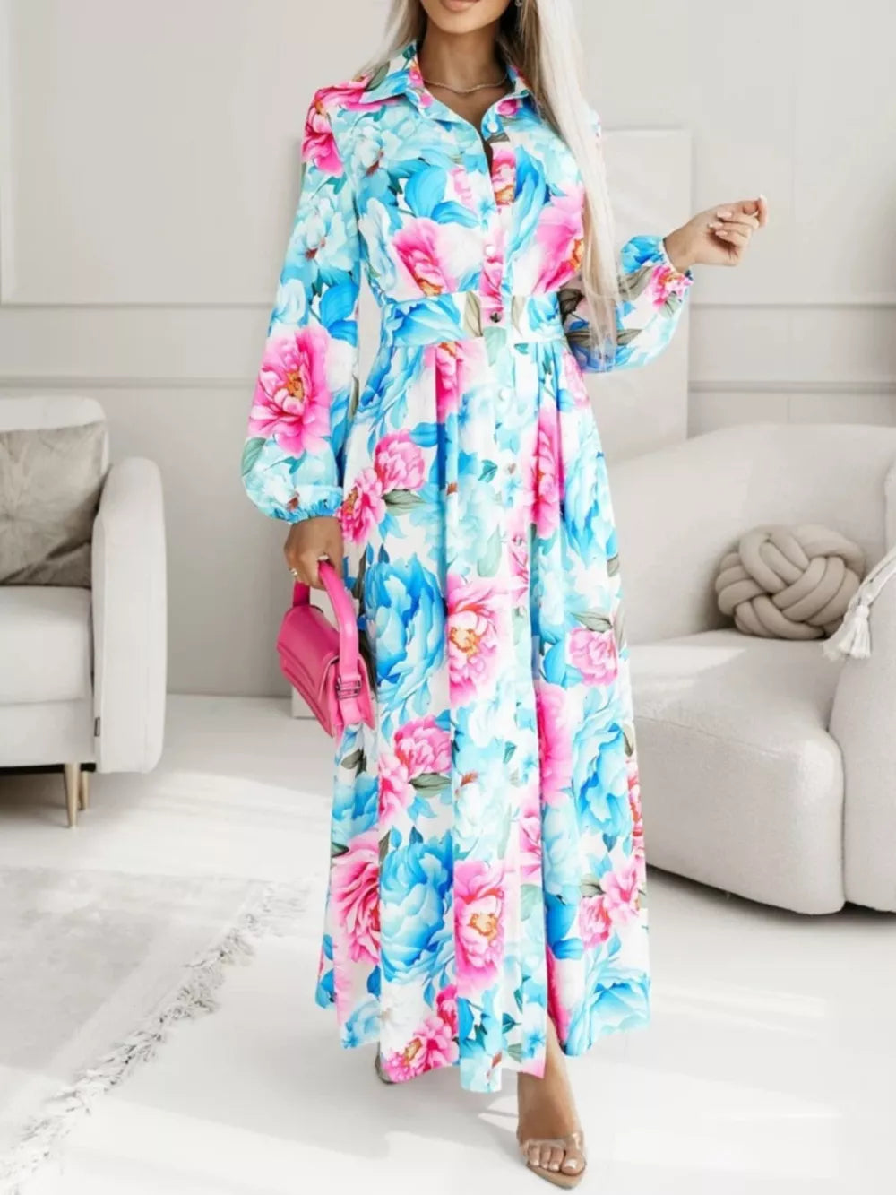 Long Sleeve Maxi Shirt Dress in Pastel Blue, back view