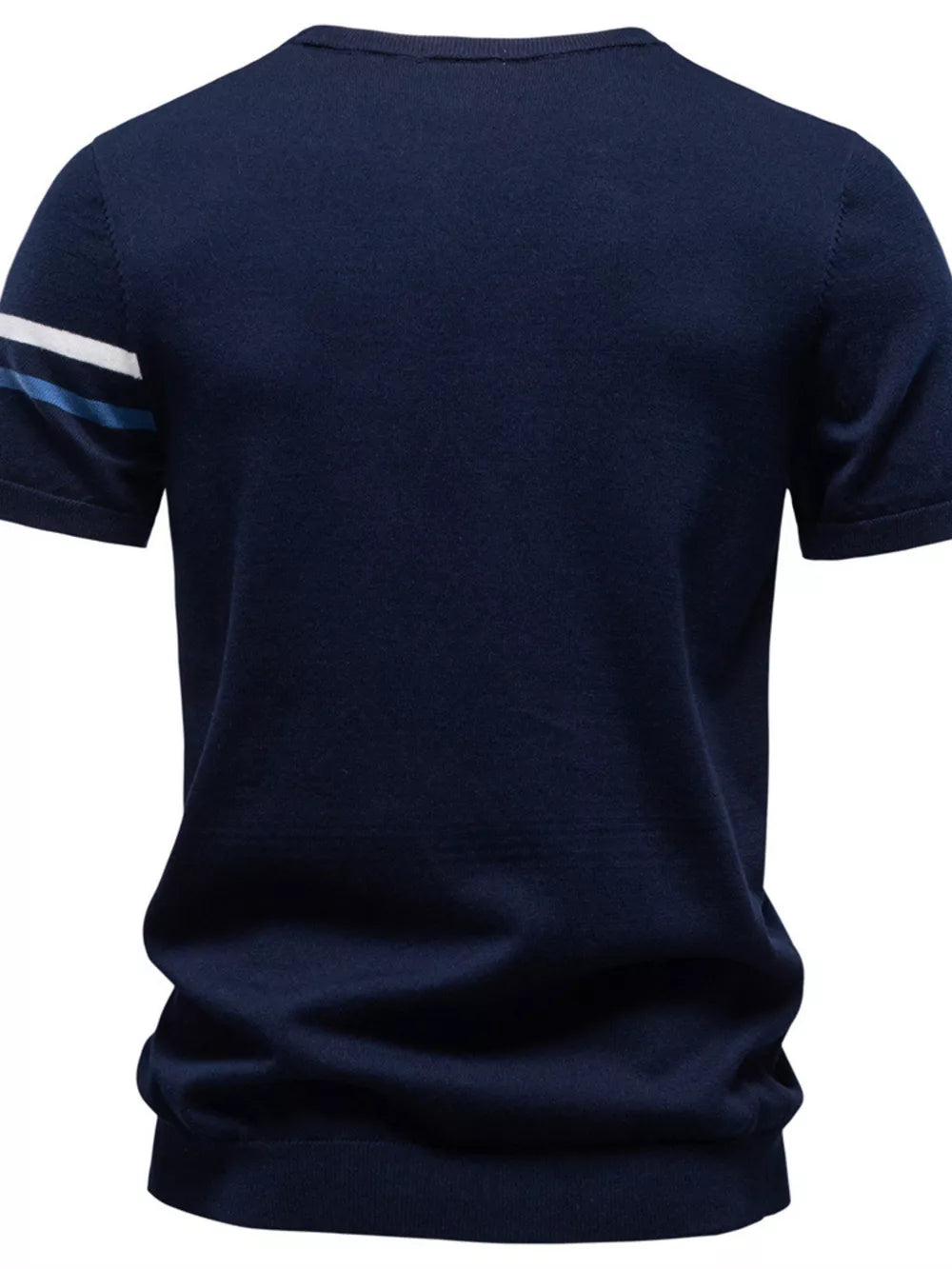 Navy cotton t-shirt with white and blue striped sleeves.