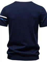 Navy cotton t-shirt with white and blue striped sleeves.