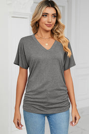 Dark Gray V-neck tee with short dolman sleeves and ruched sides.