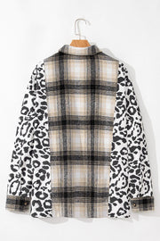 Plaid & leopard panel shacket in dark gray with a collared neckline and button cuffs.
