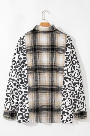 Plaid & leopard panel shacket in dark gray with a collared neckline and button cuffs.