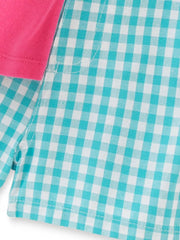 Toddler pajama set with pink cap sleeves and turquoise gingham shorts.