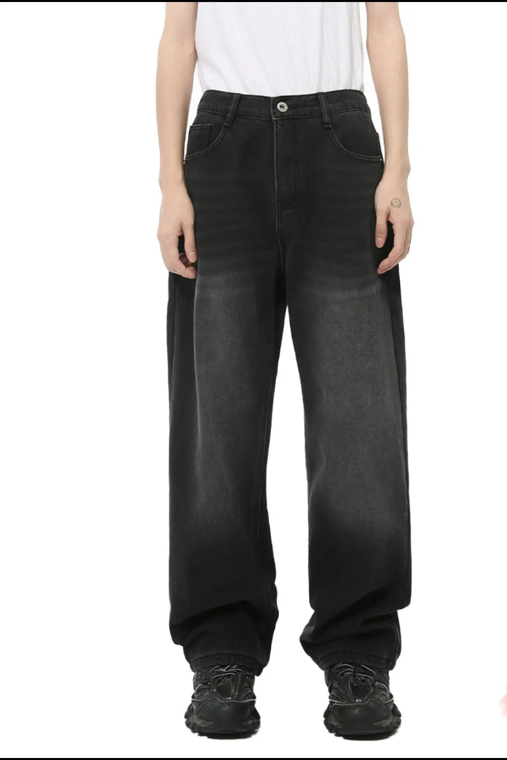 Black wide-leg denim jeans with a relaxed, baggy fit and faded wash.