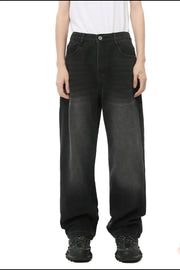 Black wide-leg denim jeans with a relaxed, baggy fit and faded wash.