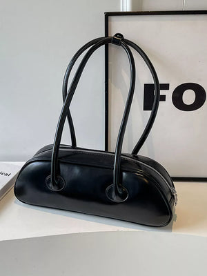 Black minimalist pu leather shoulder bag with double straps and zipper closure.