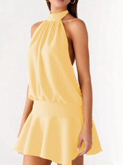 Gathered Waist Backless Halter Dress