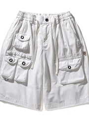 White men's cargo shorts with multiple pockets and drawstring waist.