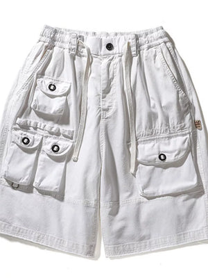 White men's cargo shorts with multiple pockets and drawstring waist.
