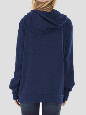 Dark blue graphic cowl neck hoodie with a relaxed fit and hood.