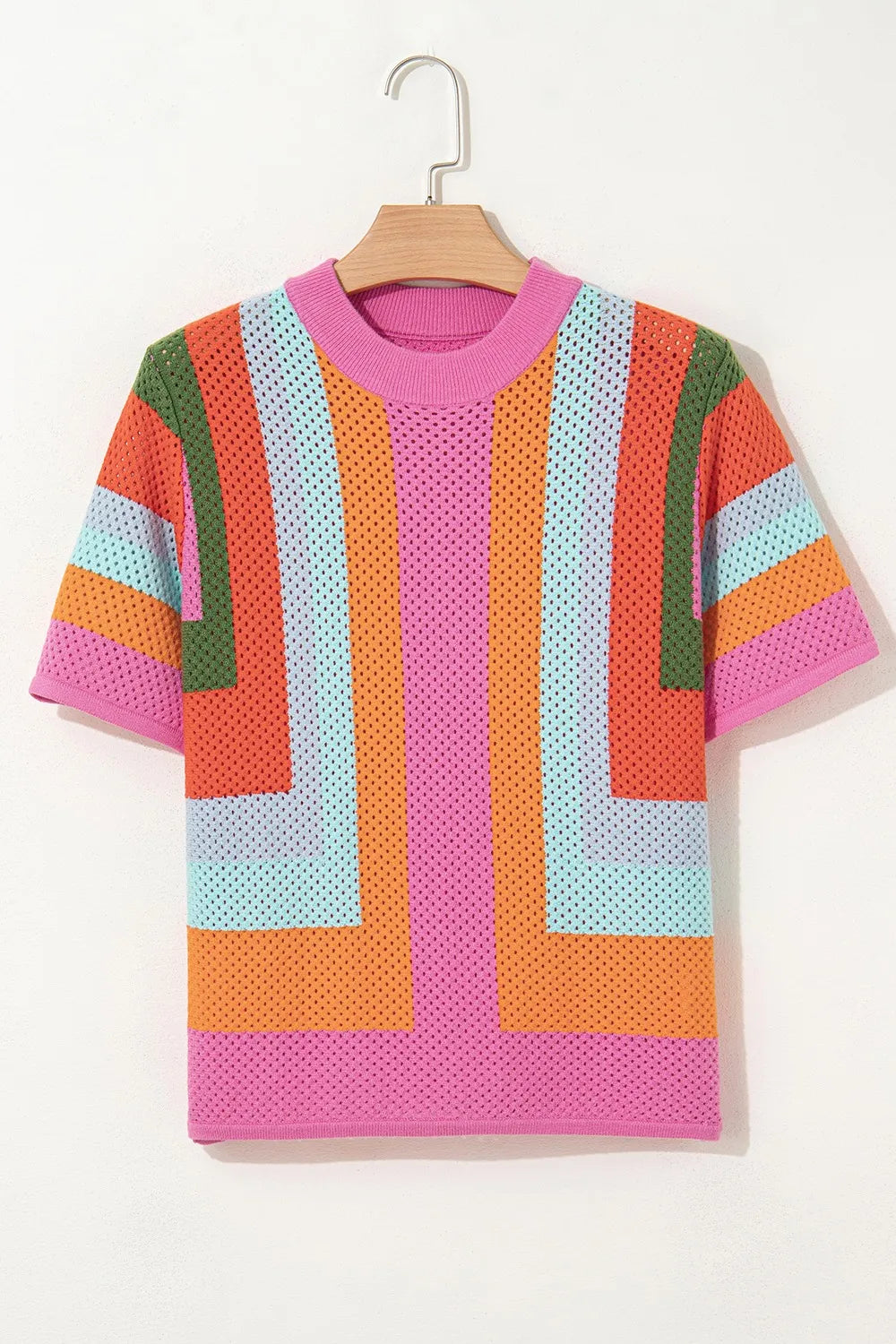 Multicolor geometric stripe openwork knit top with short sleeves and crew neck.