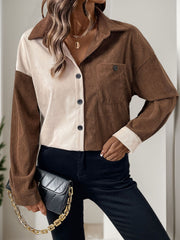 Colorblock corduroy shirt in coffee brown with asymmetrical paneling and button front.