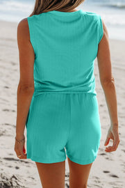Ribbed Henley Tank & Drawstring Short Set in Tiffany Blue. Sleeveless tank and casual shorts.