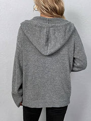 Gray ribbed knit hooded cardigan with button detail.