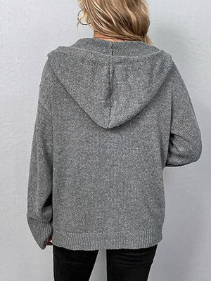 Gray ribbed knit hooded cardigan with button detail.