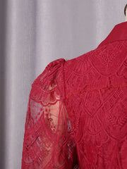 Red lace midi dress with collared neckline and button placket detail.