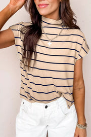 Striped mock neck t-shirt in beige with navy stripes, short sleeves, and a casual fit.