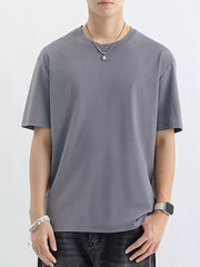 Men's light gray cotton crew neck t-shirt with short sleeves.