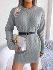 Gray textured knit bodycon mini dress with long sleeves and crew neck.