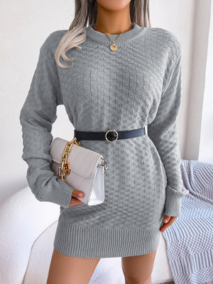 Gray textured knit bodycon mini dress with long sleeves and crew neck.