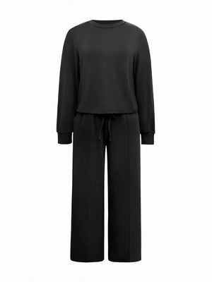Black long sleeve top and wide leg pants pajama set with drawstring waist
