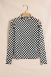 Plaid Stand Neck Long Sleeve Mesh Top, fabric detail