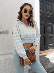 Houndstooth collared crop knit sweater in Pastel Blue and white acrylic with V-neck and long sleeves.