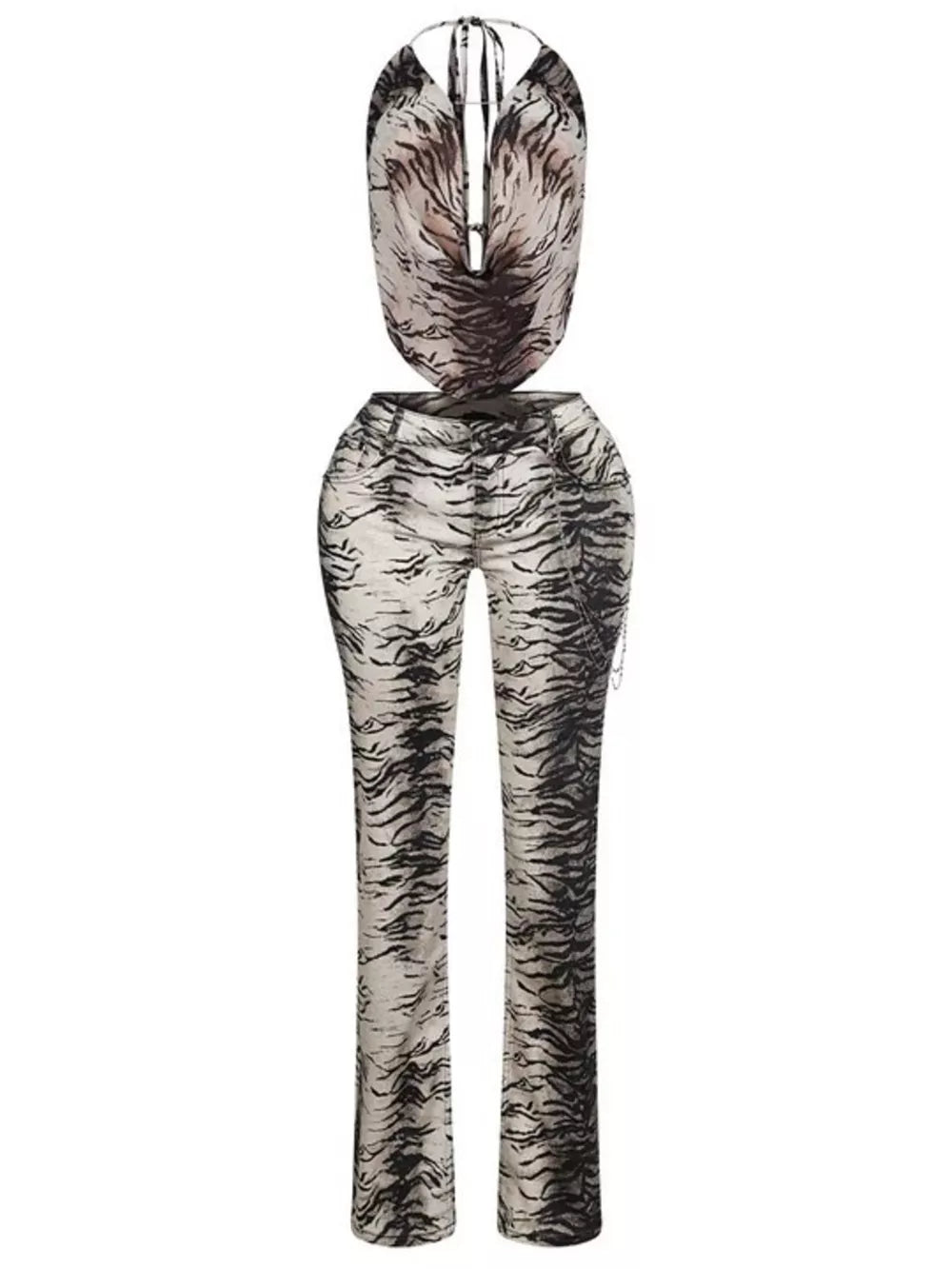 Animal Print Sleeveless Top And Pants Set in Zebra, fabric detail