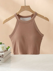 Camel ribbed halter crop top with contrast stitching and a racerback detail.