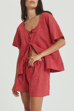 Deep Red plaid cotton open-front top with tie closure and matching shorts set