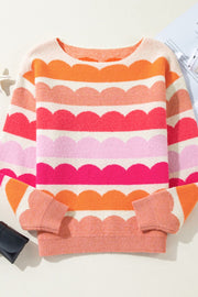 Scalloped stripe off-the-shoulder sweater in pink, orange, and white acrylic knit.