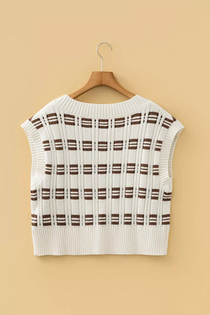 Contrast Geometric Textured Knit V Neck Cropped Sweater Vest, model styling view