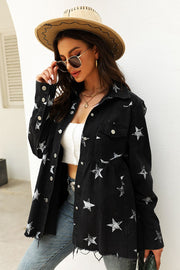 Black denim shirtdress with white stars and raw hem, button front, collared, long sleeves