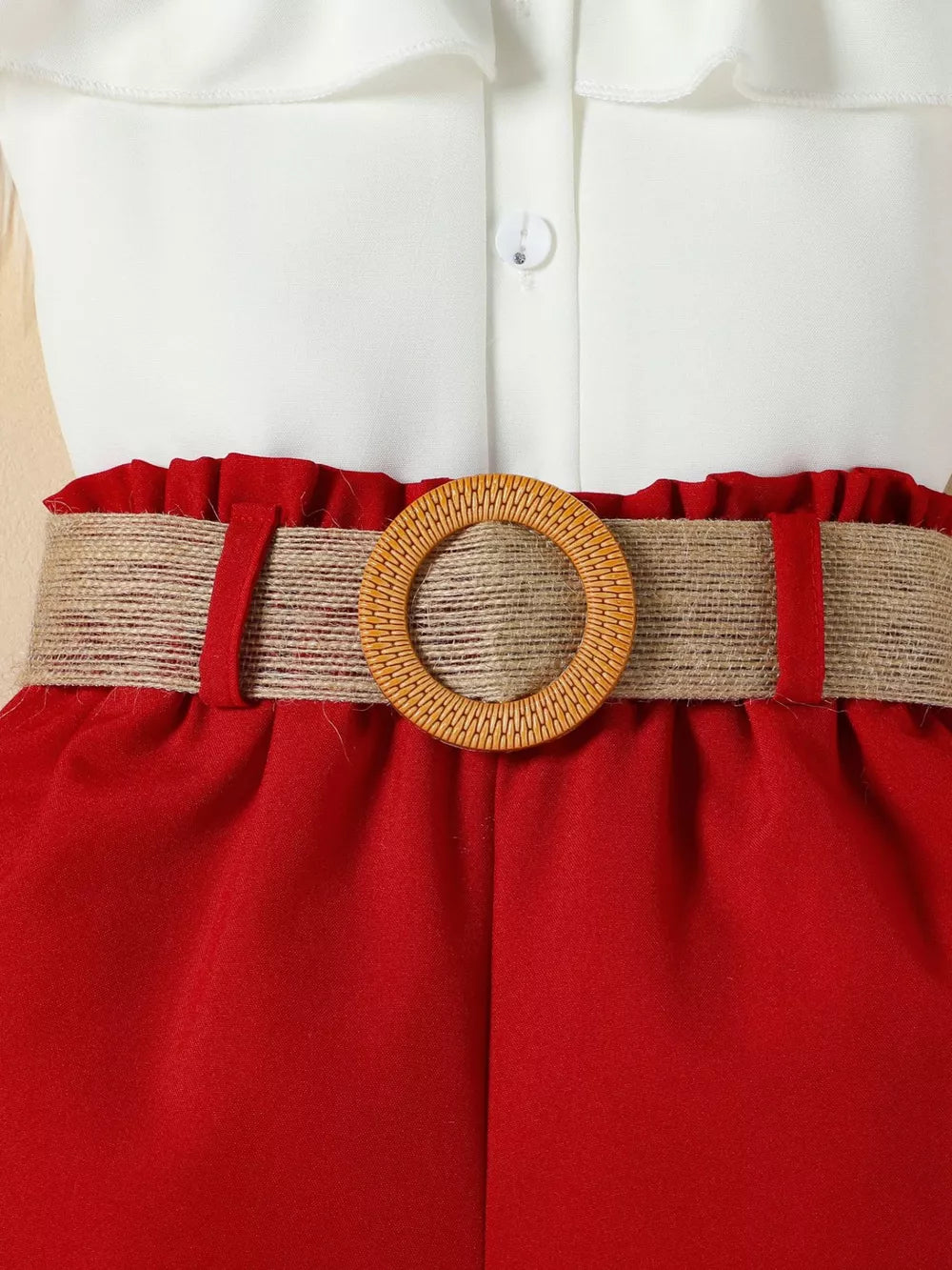 Toddler ruffled set in Wine Red with belted waist and white top detail.