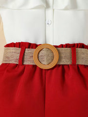Toddler ruffled set in Wine Red with belted waist and white top detail.