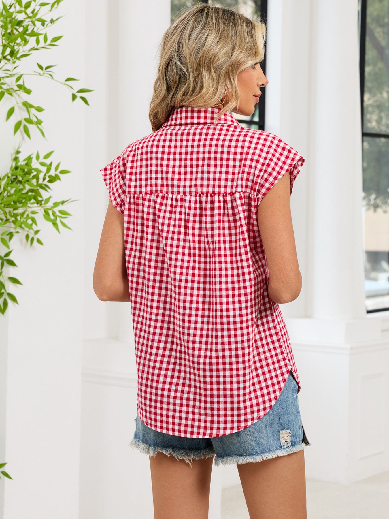 Plaid Button Up Cap Sleeve Shirt in Blue, alternate angle