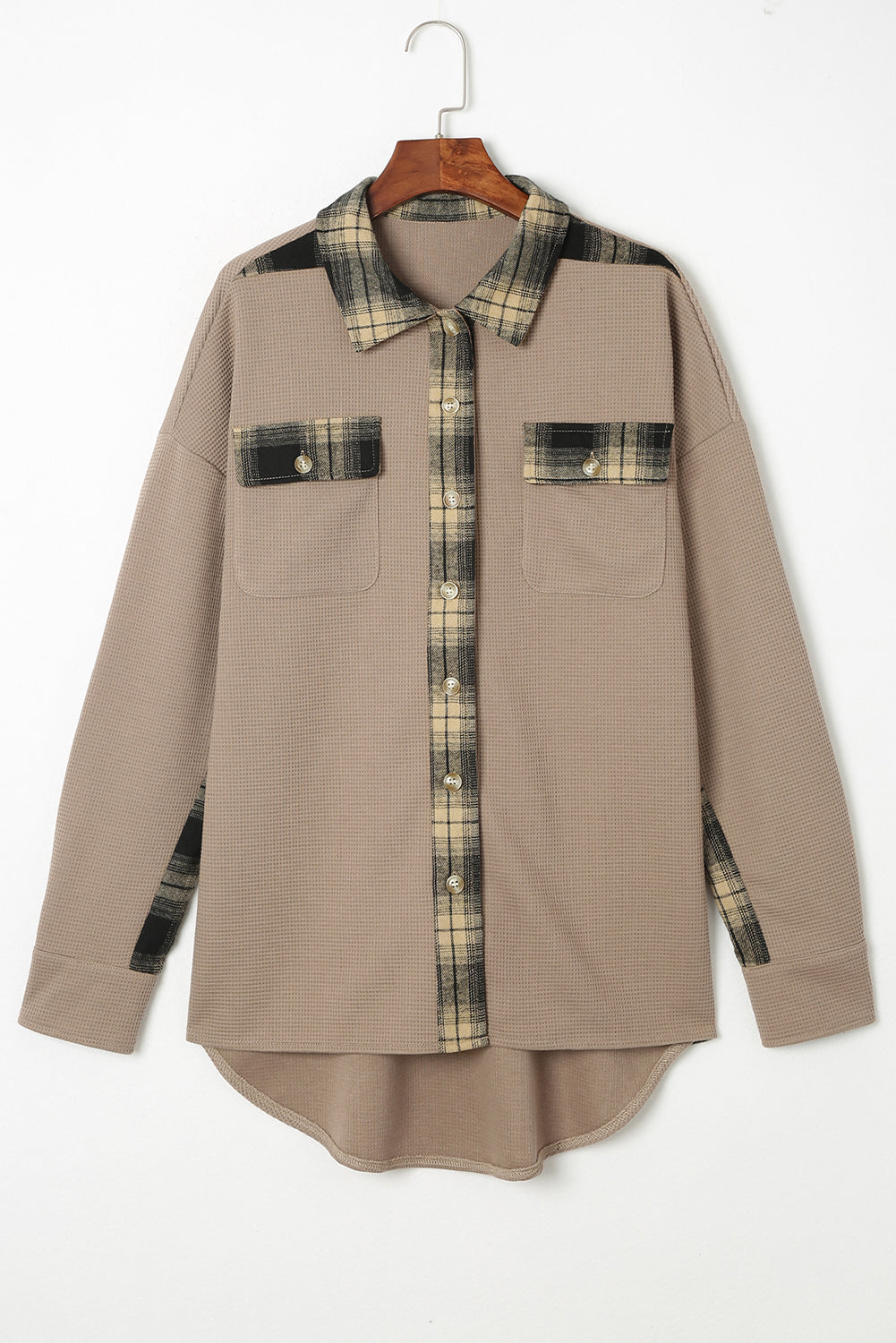 Tan waffle knit overshirt with plaid trim on collar, placket, and pockets.